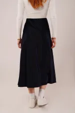 Çan Kesim Midi Lacivert Toptan Saten Etek