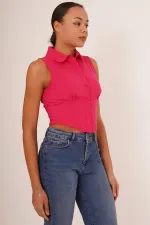 Korse Detay Kısa Kollu Toptan Fuşya Gömlek