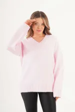 Pull rose à col V en maille côtelée épaisse, vente en gros