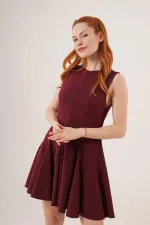 Sıfır Kol Pileli Toptan Bordo Mini Elbise