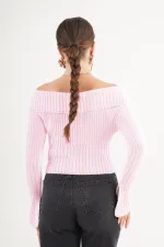 Madonna Yaka Full Fermuarlı Toptan Pembe Triko Bluz