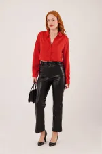 Saten Crop Model Toptan Kırmızı Gömlek