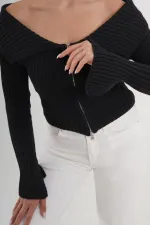 Madonna Yaka Full Fermuarlı Toptan Siyah Triko Bluz