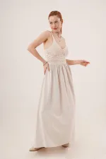 Ajurlu Askılı Belden Oturtmalı Toptan Maxi Krem Elbise