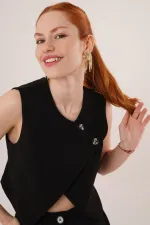 Double Buttoned Cross Model Black Wholesale Vest