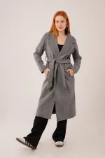 Beli Kuşaklı Astarlı Toptan Antrasit Kaşe Kaban