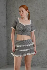 Pötikare Desenli Etek Crop Siyah Toptan İkili Takım