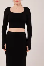 Kare Yaka Bluz Ve Yırtmaç Detaylı Etek Toptan İkili Siyah Takım