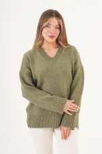 V Yaka Kalın Ribanalı Toptan Haki Kazak