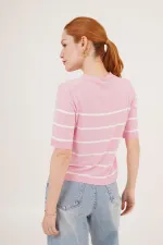 Çizgili Kısa Kol Pembe Toptan Bluz