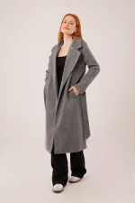 Beli Kuşaklı Astarlı Toptan Antrasit Kaşe Kaban