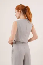 Çift Düğmeli Çapraz Model Gri Toptan Yelek