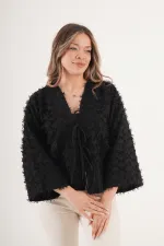 Full Saçaklı İp Bağlamalı Toptan Siyah Kimono