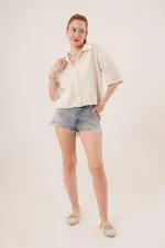 Cardigan boutonné à manches mi-longues et épaules dénudées, couleur crème, en gros