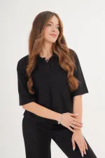 Gömlek Yaka Kısa Kol Siyah Toptan Bluz