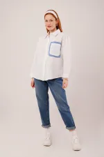 Çizgili Cep Detaylı Beyaz Toptan Gömlek