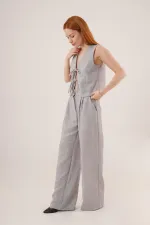 Ön Bağlama Detaylı Yelek Ve Pantolon Gri Toptan İkili Takım