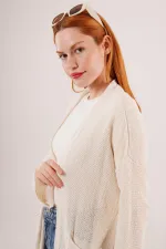 Cepli Salaş Model Triko Uzun Toptan Krem Hırka