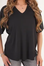 T-shirt noir basique à col en V sans couture, vente en gros