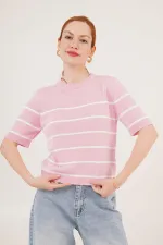 Çizgili Kısa Kol Pembe Toptan Bluz