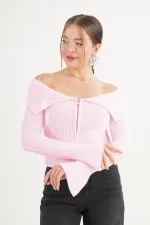 Madonna Yaka Full Fermuarlı Toptan Pembe Triko Bluz