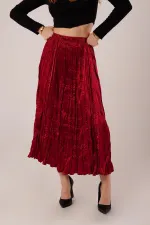 Midi Boy Pileli Saten Toptan Bordo Etek