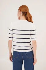 Çizgili Kısa Kol Beyaz Lacivert Toptan Bluz
