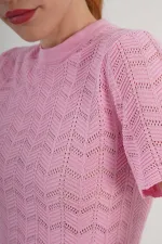 Örgü Model Kısa Kol Toptan Pembe Triko Bluz