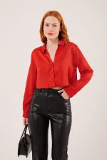 Saten Crop Model Toptan Kırmızı Gömlek