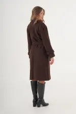 Apolet Detaylı Kuşaklı Toptan Kahve Kaşe Kaban