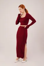 Kare Yaka Bluz Ve Yırtmaç Detaylı Etek Toptan İkili Bordo Takım