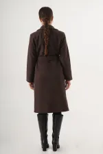 Beli Kuşaklı Astarlı Toptan Kahve Kaşe Kaban