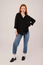 Salaş Kesim Cepli Toptan Siyah Gömlek