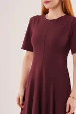 Dikiş Detaylı Kısa Kollu Toptan Bordo Uzun Elbise