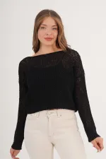 File Geniş Yaka Toptan Siyah Örme Bluz