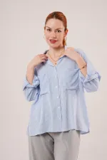 Yarasa Kol Çizgili Cep Detaylı Toptan Mavi Gömlek