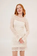 Openwork Boat Neck Wholesale Ecru Dress