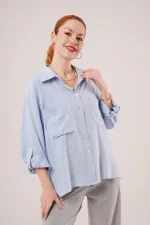 Yarasa Kol Çizgili Cep Detaylı Toptan Mavi Gömlek