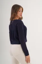 Wholesale Navy Blue Knitted Blouse with Wide Collar