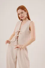 Ön Bağlama Detaylı Yelek Ve Pantolon Taş Toptan İkili Takım