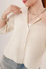 Cardigan boutonné à manches mi-longues et épaules dénudées, couleur crème, en gros