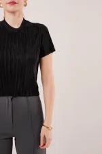 Fitilli Kısa Kollu Parlak Toptan Siyah Bluz