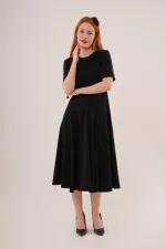 Dikiş Detaylı Kısa Kollu Toptan Siyah Uzun Elbise