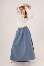 Bel Lastikli Cep Detaylı Uzun Mavi Toptan Etek