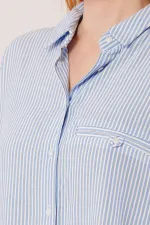 Cep Detay Mavi Oversize Çizgili Toptan Gömlek