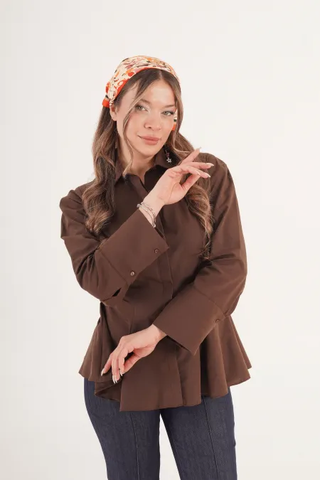 Peplum Bel Oturtmalı Poplin Kahve Toptan Gömlek
