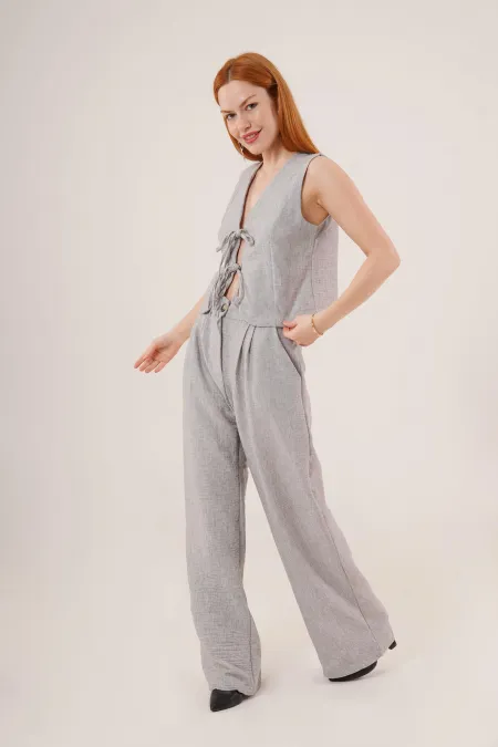 Ön Bağlama Detaylı Yelek Ve Pantolon Gri Toptan İkili Takım