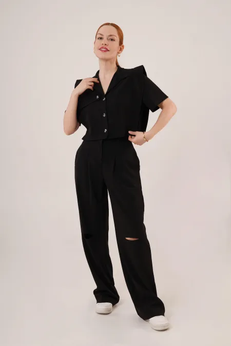 Cepli Düğmeli Bluz Ve Diz Detaylı Pantolon Siyah Toptan İkili Takım