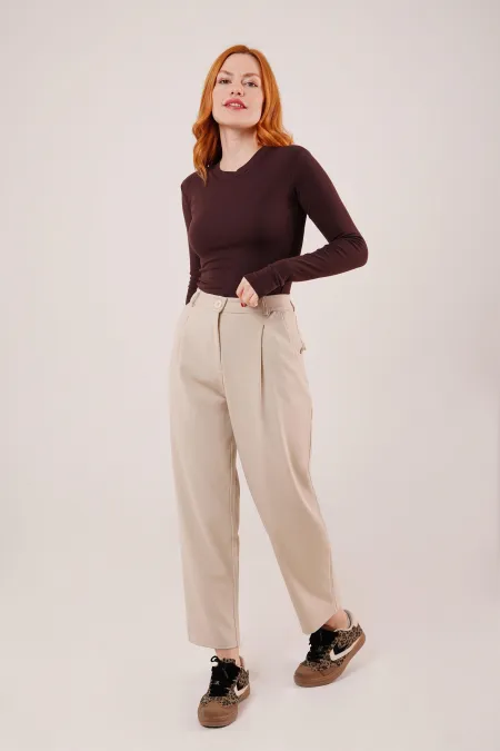 Kapama Cep Detaylı Toptan Krem Pantolon