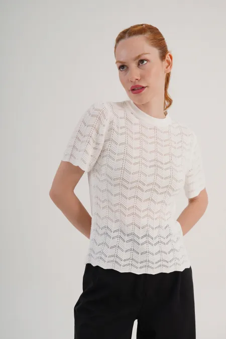 Örgü Model Kısa Kol Toptan Beyaz Triko Bluz